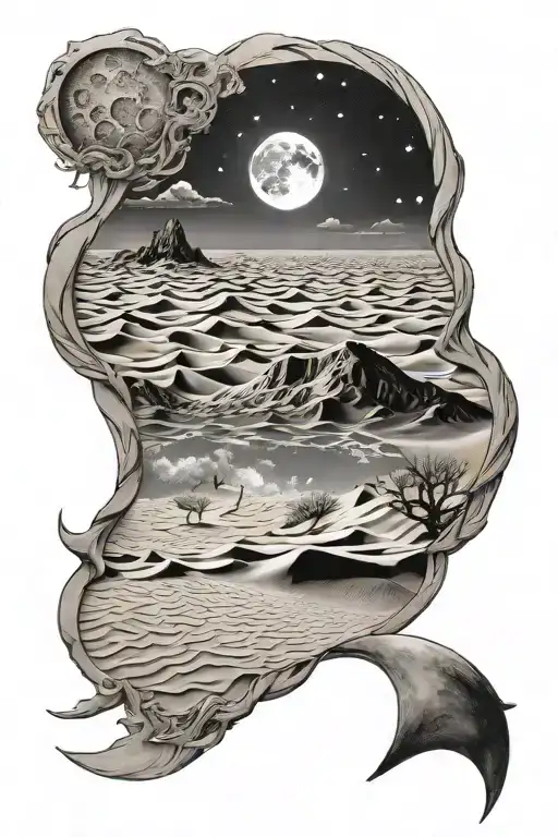 sand dunes and moon surrounded tattoo design idea