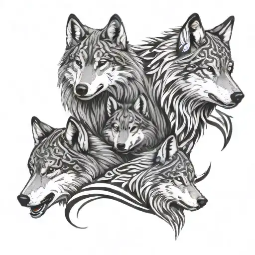 Small piece, Tribal design of Wolf FAmily, Parents with 2 cubs Tattoo tattoo design idea