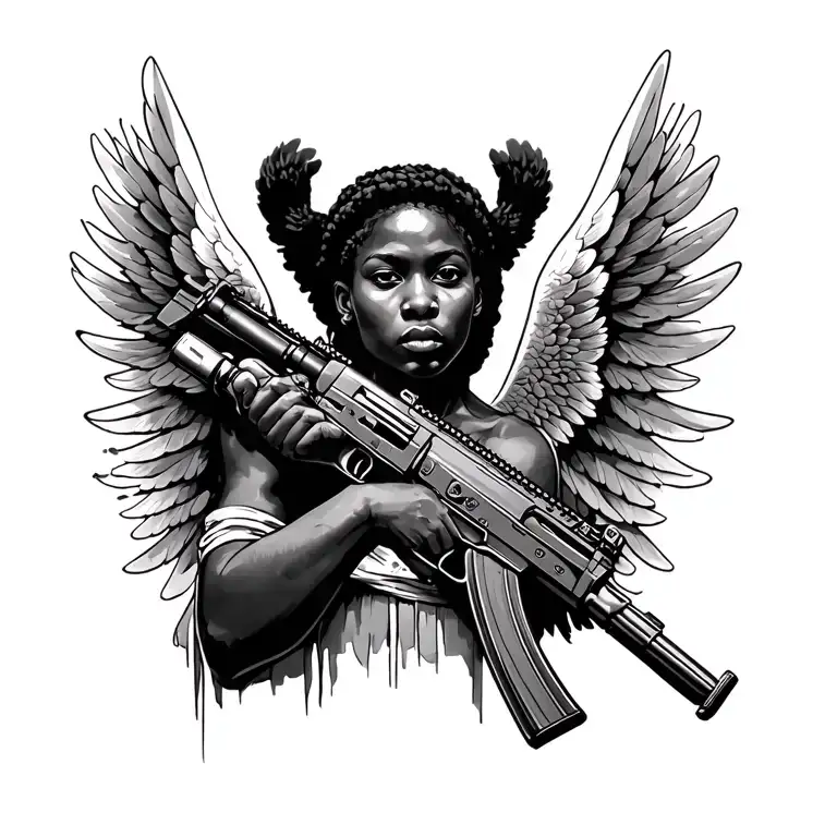 African angel holding Ak 47 assault rifle tattoo design idea