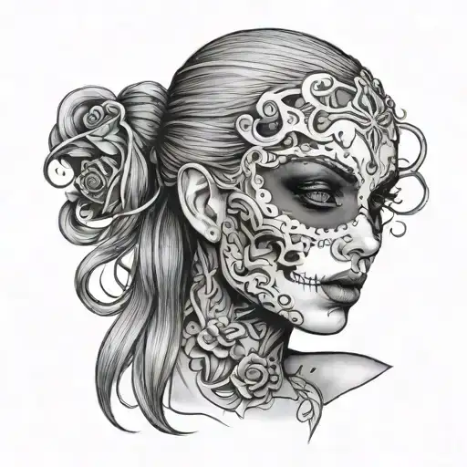 Woman with half skull face tattoo design idea