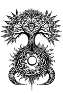 tribal design including army elements, tree of life, dna strand, goddess sun moon, dragon hawaiian island tattoo design idea