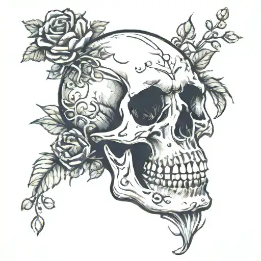 skull with mouth opened and flowers growing out of skull tattoo design idea