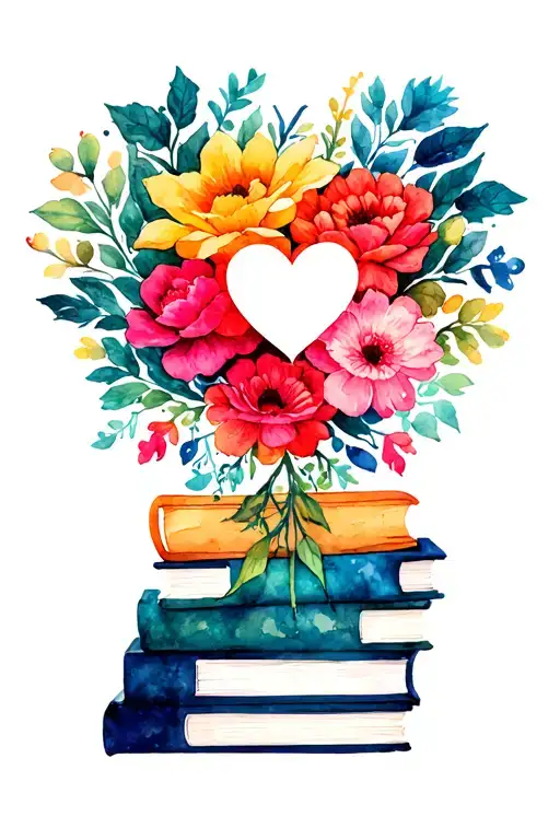 stack of books with flowers and hearts symbolizing love tattoo design idea