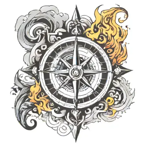 Nordic compass with fire and smoke rising tattoo design idea