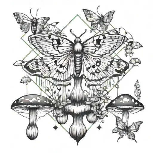 mushrooms Forest with lunar moth and crystals growing tattoo design idea