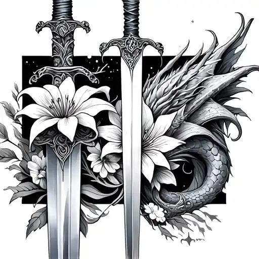 celestial tattoo of a sword with Lillie's flowers little dragon’s down spine tattoo design idea