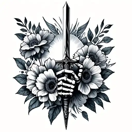 Can you create a tattoo on all the arms with flowers of the equinox, a hand in skeleton which holds a saber U tattoo design idea