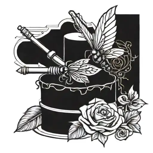 feather, cricket bat, bee , rose , cake tattoo design idea