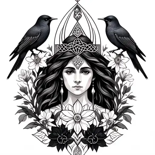 Celtic Goddess, Rhiannon. Surrounded by songbirds and daffodils tattoo design idea