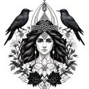 Celtic Goddess, Rhiannon. Surrounded by songbirds and daffodils tattoo design idea