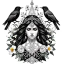 Celtic Goddess, Rhiannon. Surrounded by songbirds and daffodils tattoo design idea
