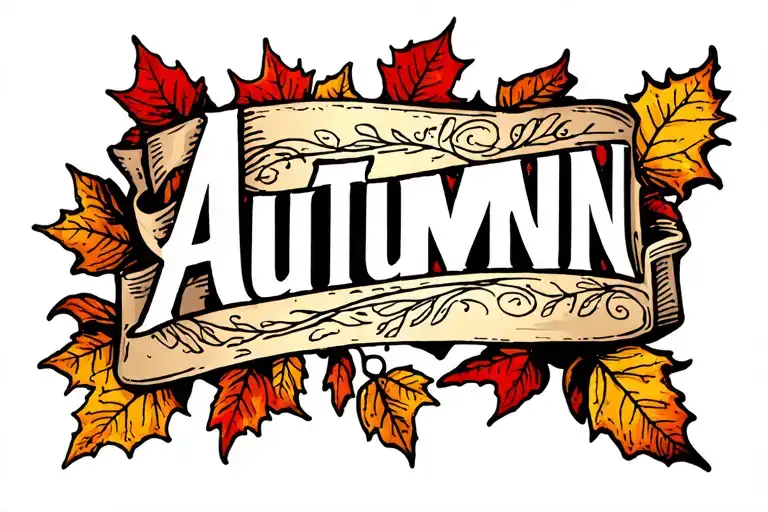 autumn name with leaves falling tattoo design idea