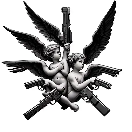 3 cupids holding 3 different guns tattoo design idea