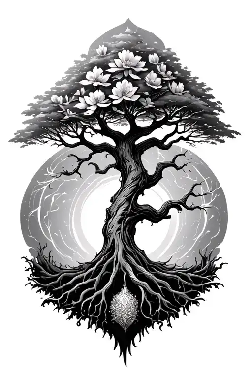 yggdrasil tree in bloom representing a member tattoo design idea