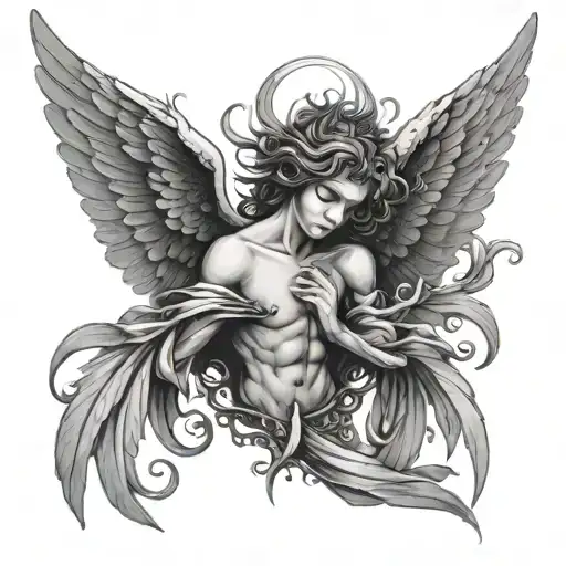 angel seraph with 6 wings. The horizontal wings are the largest. In the middle is a tired eye. tattoo design idea