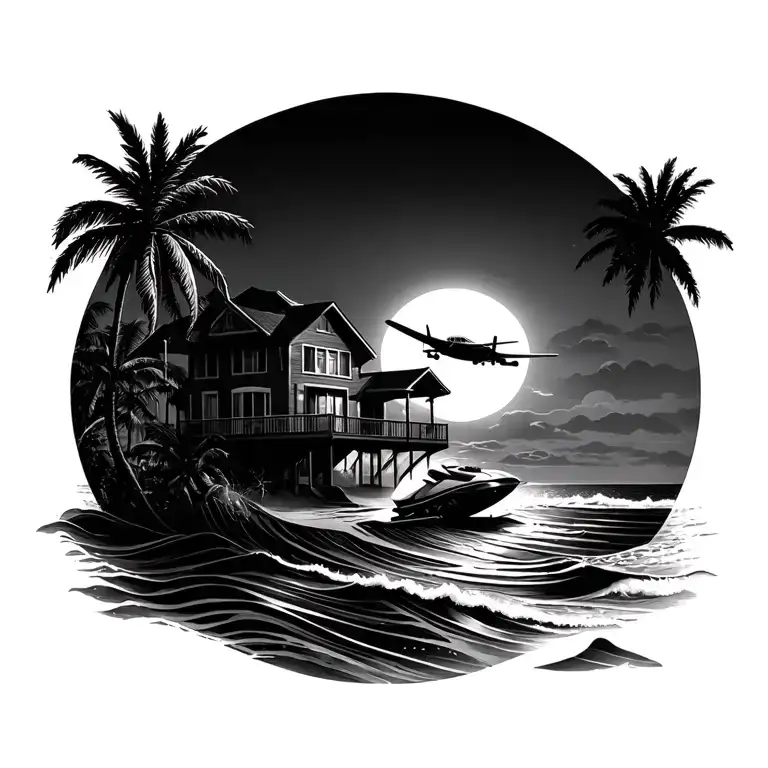 beach house , beach, palm trees , jet ski , airplane , waves, sunlight  tattoo design idea