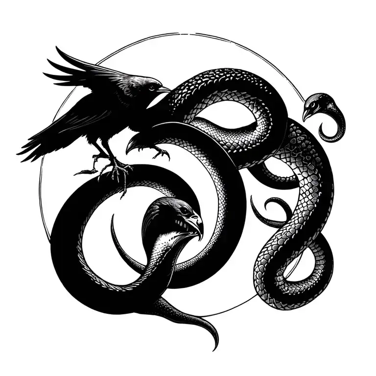 full moon in the middle, on the left side there is a crow that is trying to swallow the moon, on the right side a snake  tattoo design idea