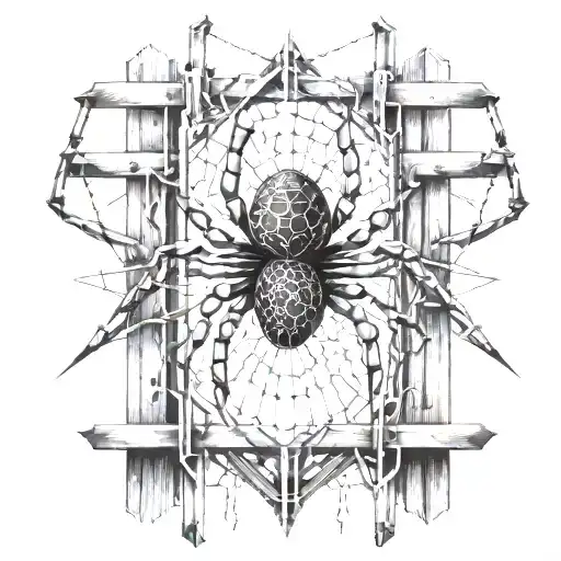 An abstract representation of a spider intertwined with cybersigilism symbols on a fence tattoo design idea