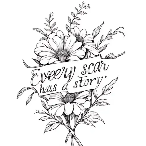 the stem of the flowers says intertwined "every scar has a story" with a small bouquet of flowers at the top tattoo design idea
