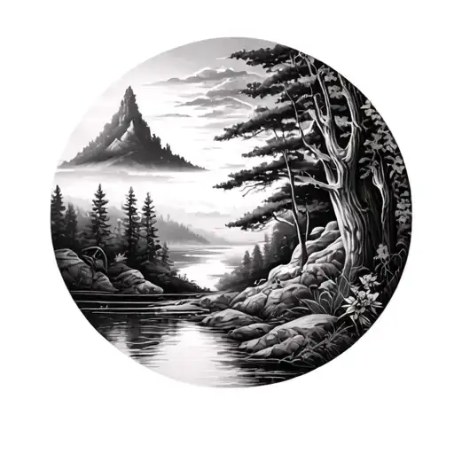 time piece with nature scene and happiness only real when shared tattoo design idea