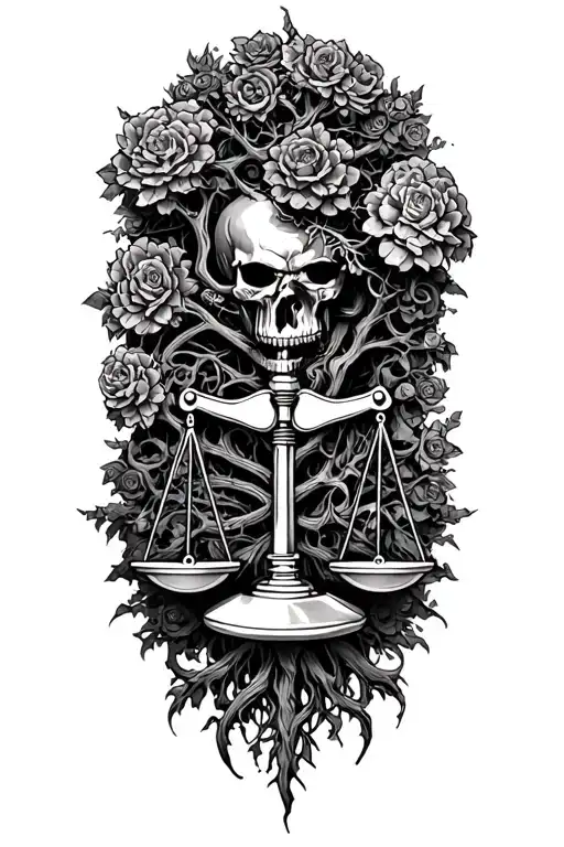 harley engine, midevil tree of life and libra scale intertwined  tattoo design idea