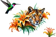 hummingbird and mountain lion surrounded by tiger lily tattoo design idea