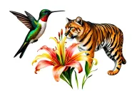 hummingbird and mountain lion surrounded by tiger lily tattoo design idea