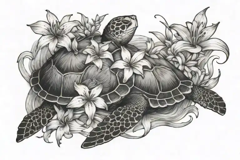Sea Turtle With Lilac And Lily Flowers Blooming TattooI'm  tattoo design idea