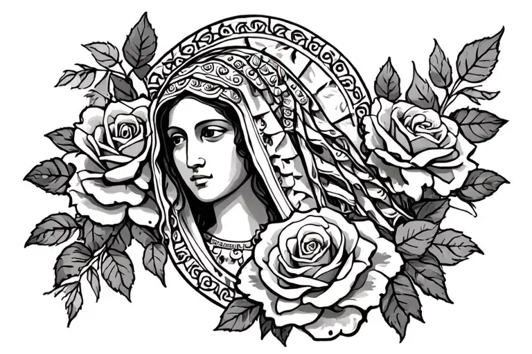 Guadalupe with roses around it tattoo design idea