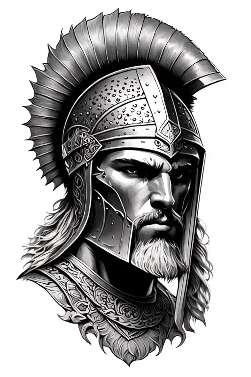 Highly detailed spartan warrior tattoo, dotwork and linework, tribal ornamental elements, symmetrical,traditio tattoo design idea