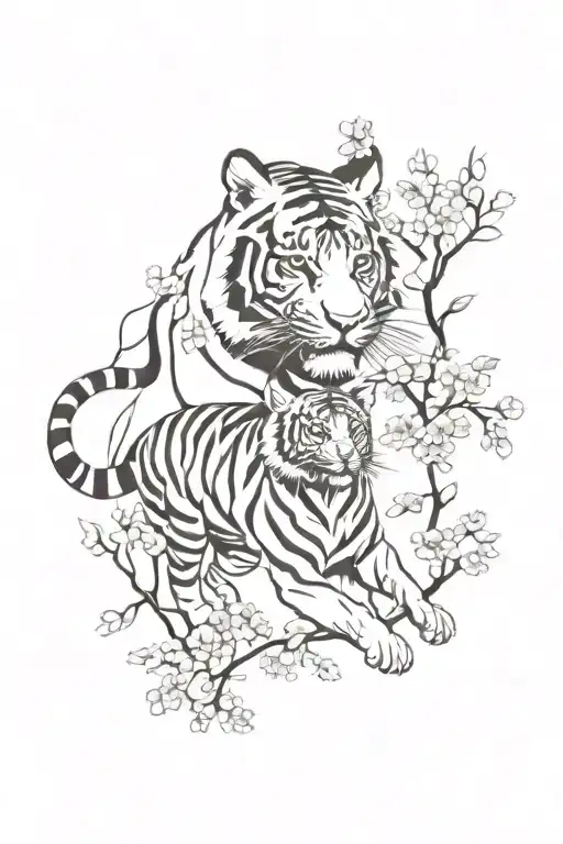 a tiger walking  with a dragon walking around it with cherry blossoms  tattoo design idea