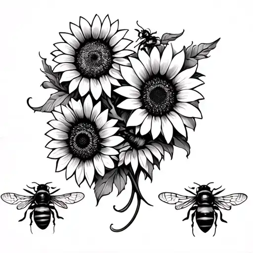 spine tattoo with 4 sunflowers and bees  tattoo design idea