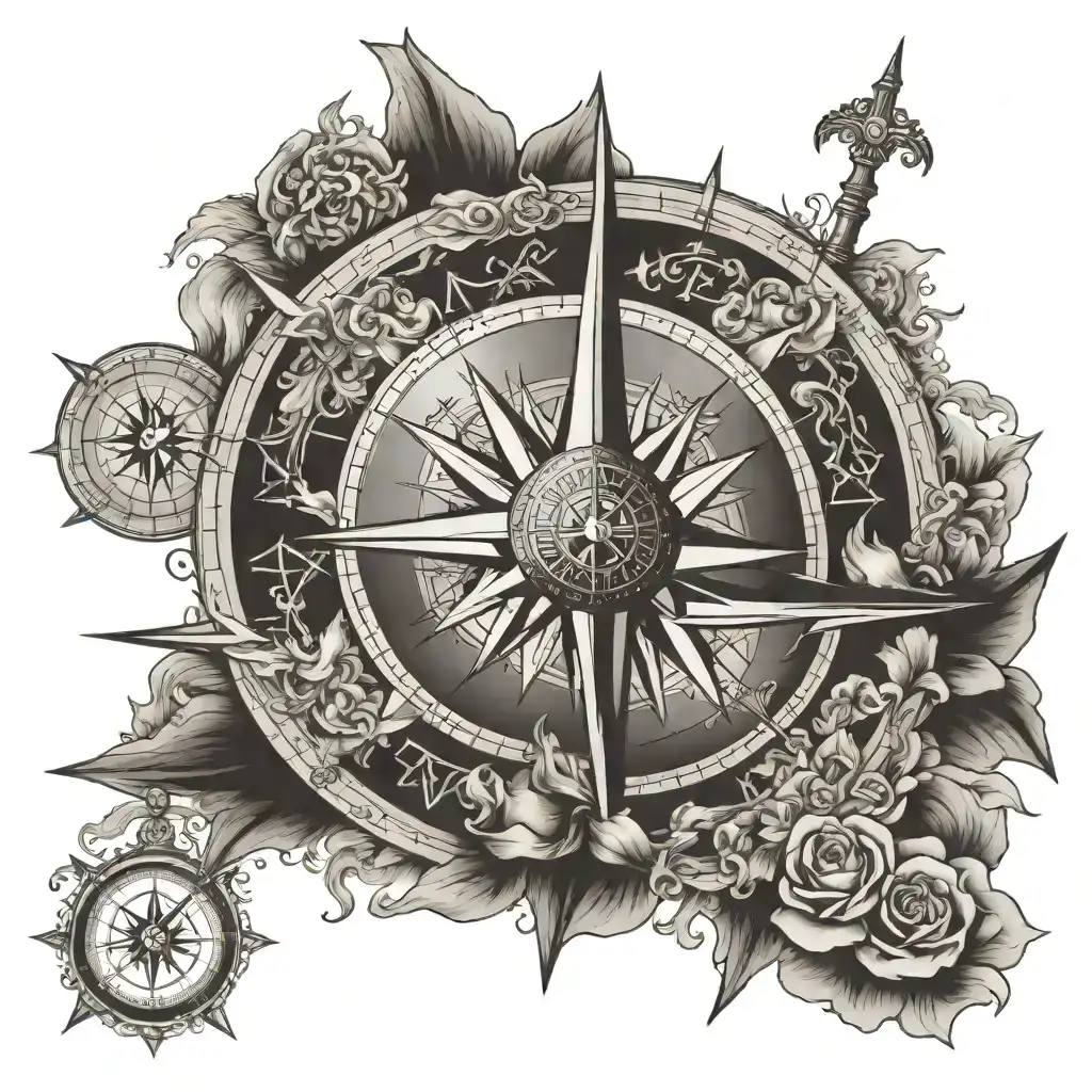 Compass rose with the sea and travel and family tattoo design idea