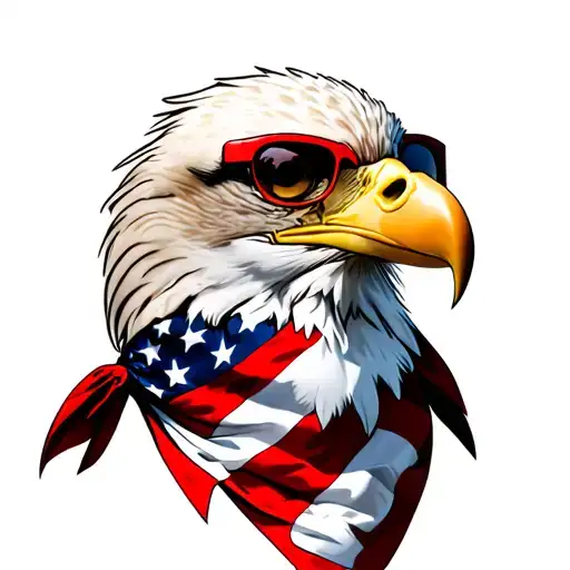 Bald Eagle wearing an American Flag bandana and red framed sunglasses with dark lenses. tattoo design idea