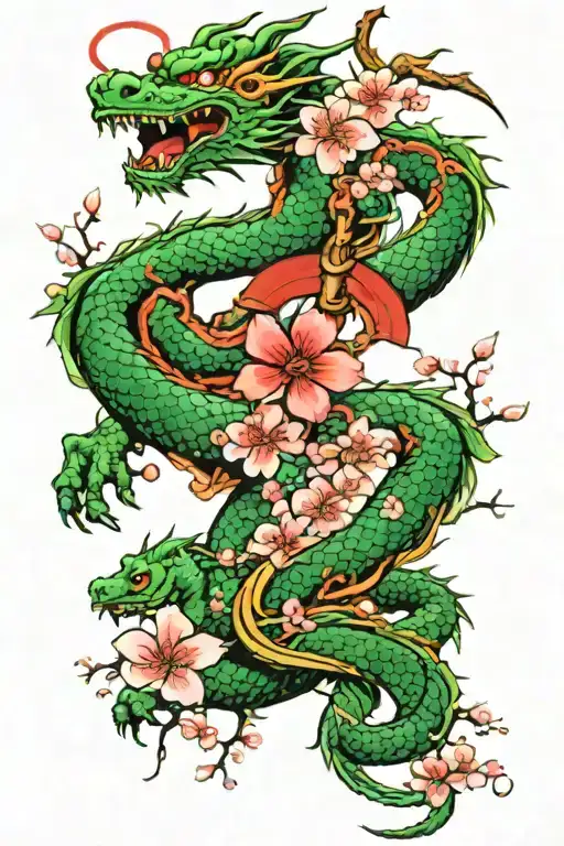 green dragon with cherry blossom tree  tattoo design idea
