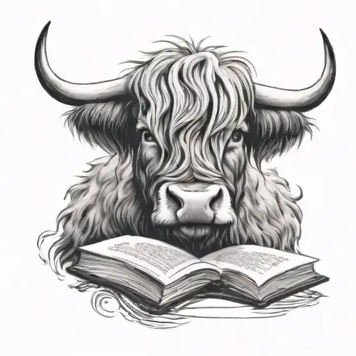 highland cow with book tattoo design idea