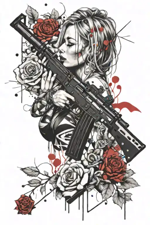 flowers, diamond, ak-47, woman tattoo design idea