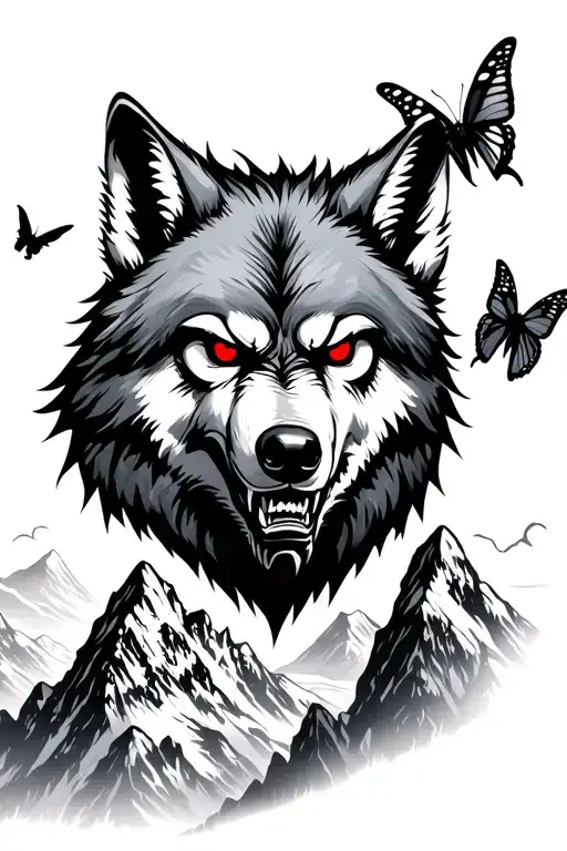 wolve angry with red eyes with other wovles in background mountian background and 2 butterflies all is combinded tattoo design idea