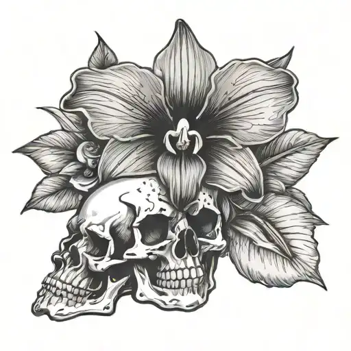 skull with Dove orchid  tattoo design idea