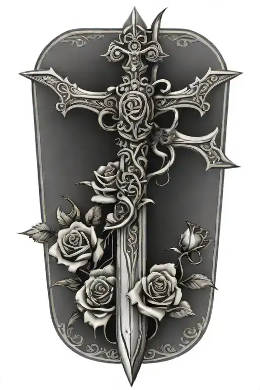 tribal dagger covered with roses and a cross tattoo tattoo design idea