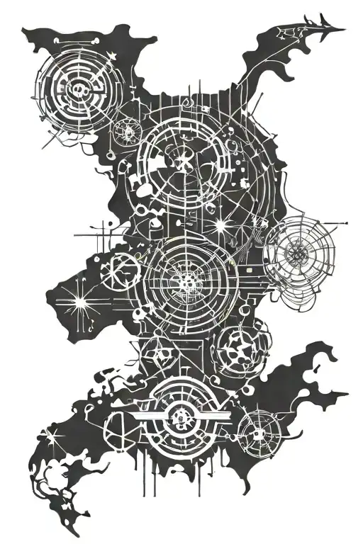 A tattoo design of a world map with musical notes marking all the places the client has traveled to, and a Harley-Davidson motorcycle riding along the routes tattoo design idea