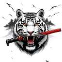Tiger with katana in mouth, red blade katana, thunderstorm in background, bonzai trees with falling leaves tattoo design idea