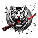 Tiger with katana in mouth, red blade katana, thunderstorm in background, bonzai trees with falling leaves tattoo design idea