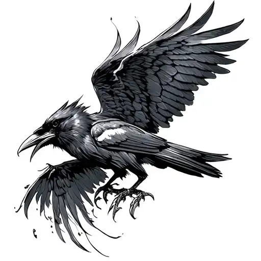 A raven with wings out to land, feathers coming off wings, claws out and beak open. tattoo design idea