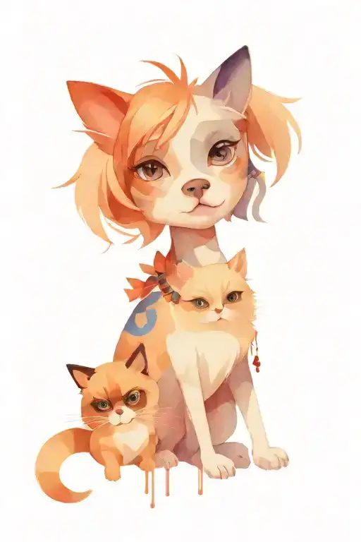 Totem with a cat, a pug, a Chinese crested powder puff and a boy  tattoo design idea