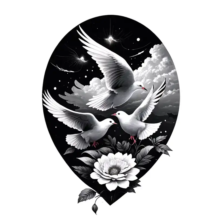 doves with one flower and heavenly cloud background tattoo design idea