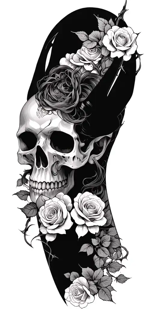succubus, thorns, smoke, skulls, roses tattoo design idea