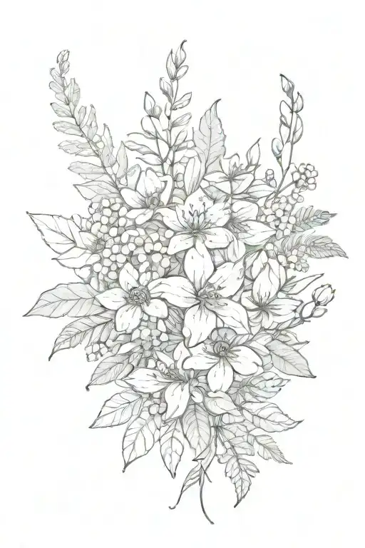 January, April, June, July & August birth flower bouquet tattoo design idea