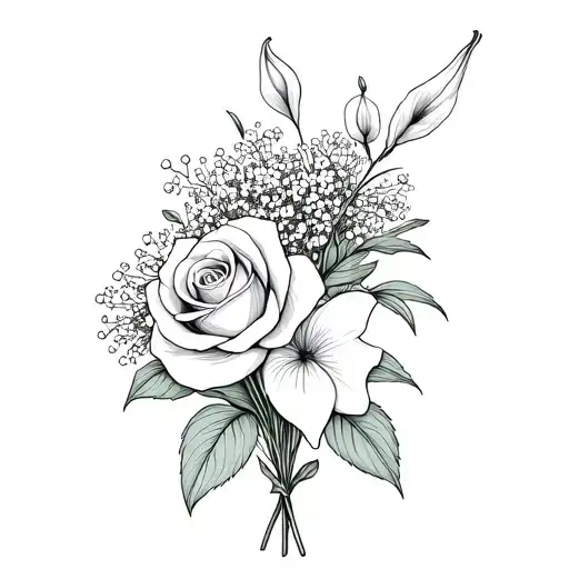 flower bouquet of a peace lily a rose and baby's breath, simple and dainty  tattoo design idea