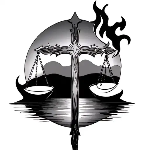 A combination of a cross, a small flame, a sunset, and justice tattoo design idea
